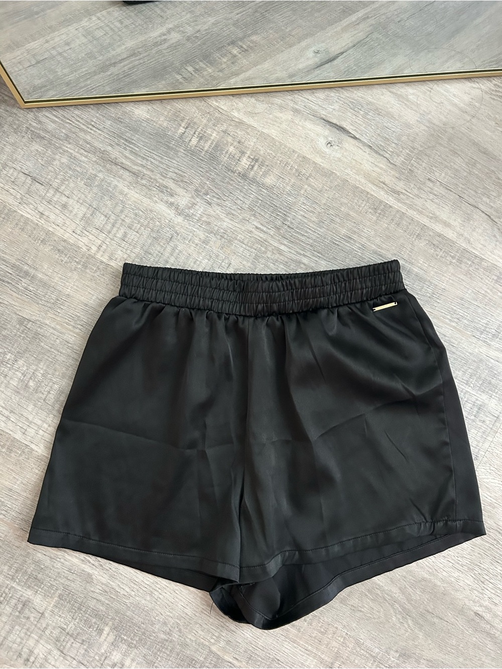 BCBGMAXAZRIA Black Satin Boxer Shorts S Small Elastic Smocked Waist Loungewear